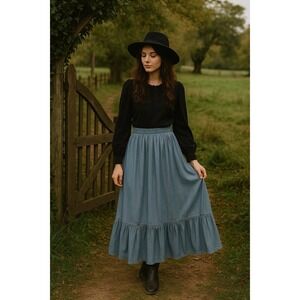 River Ridge Denim Maxi Skirt Womens M Blue Pleated Tiered Prairie Cottagecore